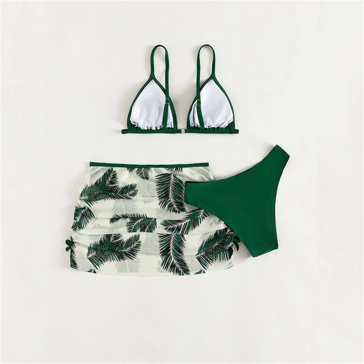 Costume da bagno a triangolo per ragazze, 3 pezzi, colore tinta unita, con gonna tropicale in rete, con spalline sottili