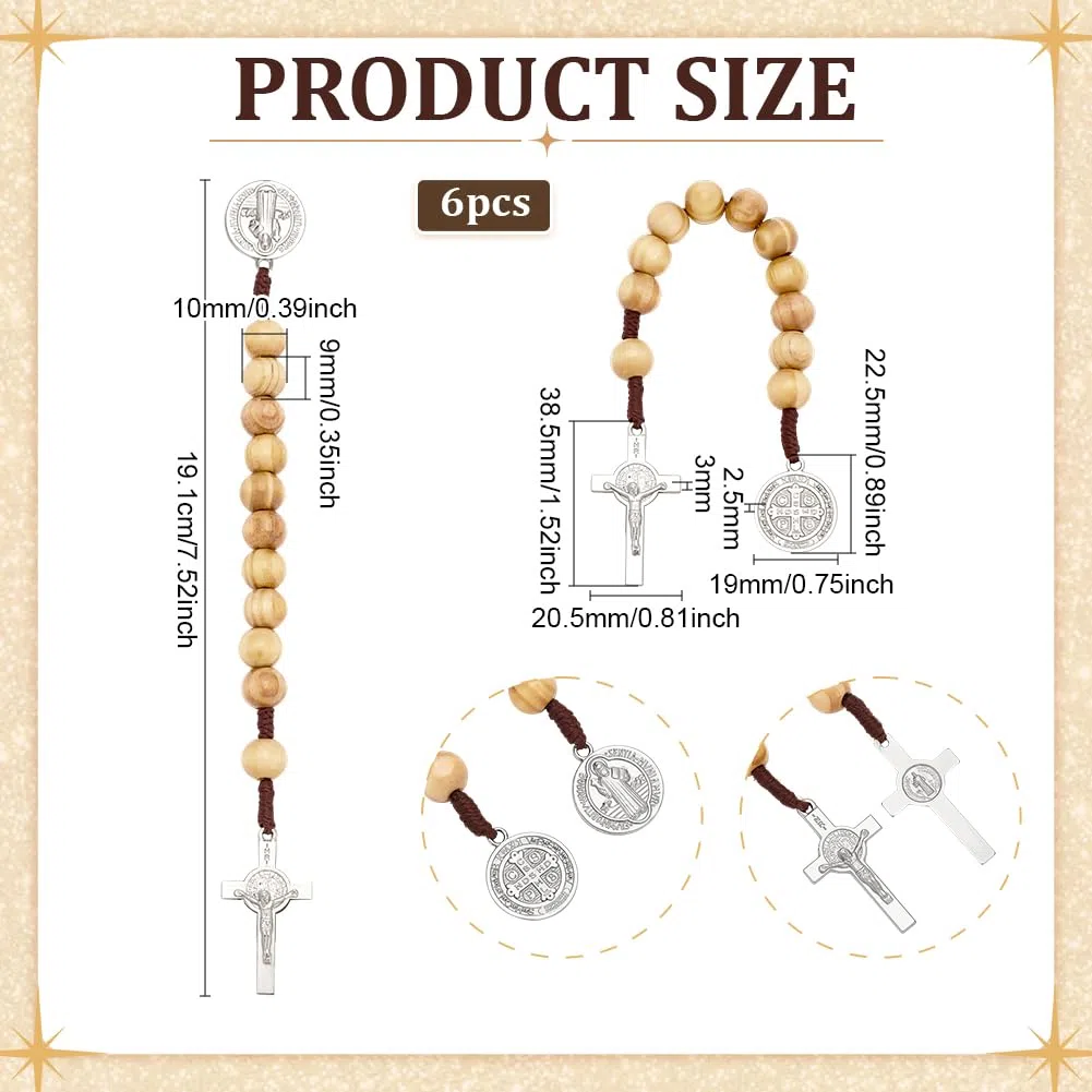 FINGERINSPIRE 6 Pz Rosario in Legno con Medaglia di San Benedetto e Crocifisso, Rosario Tascabile da 19cm Coroncina in Legno Massello con Medaglia di Santi e Croce per Preghiera, Meditazione e Fede