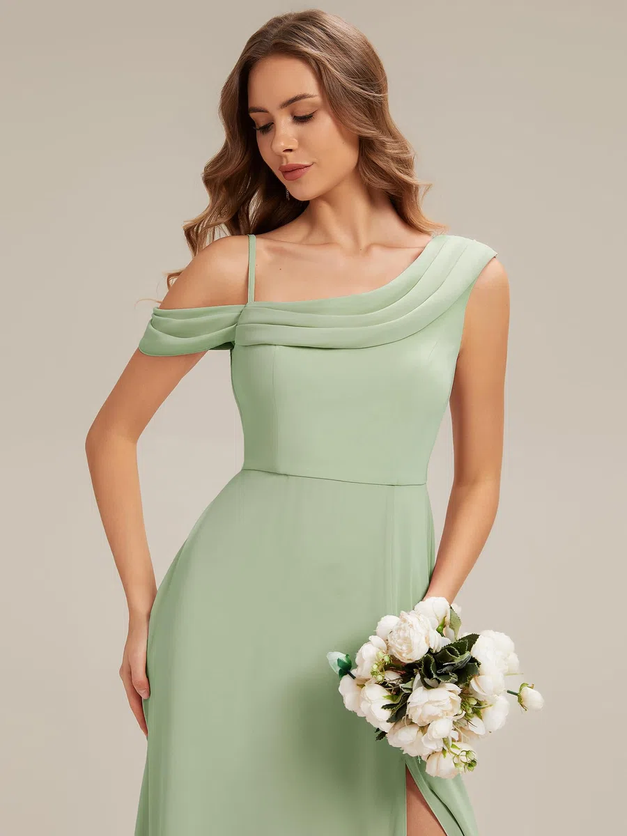 Ever-Pretty Abiti da Damigella Collo Asimmetrico Maniche Corte Chiffon Maxi Gonna Svasata ES02704