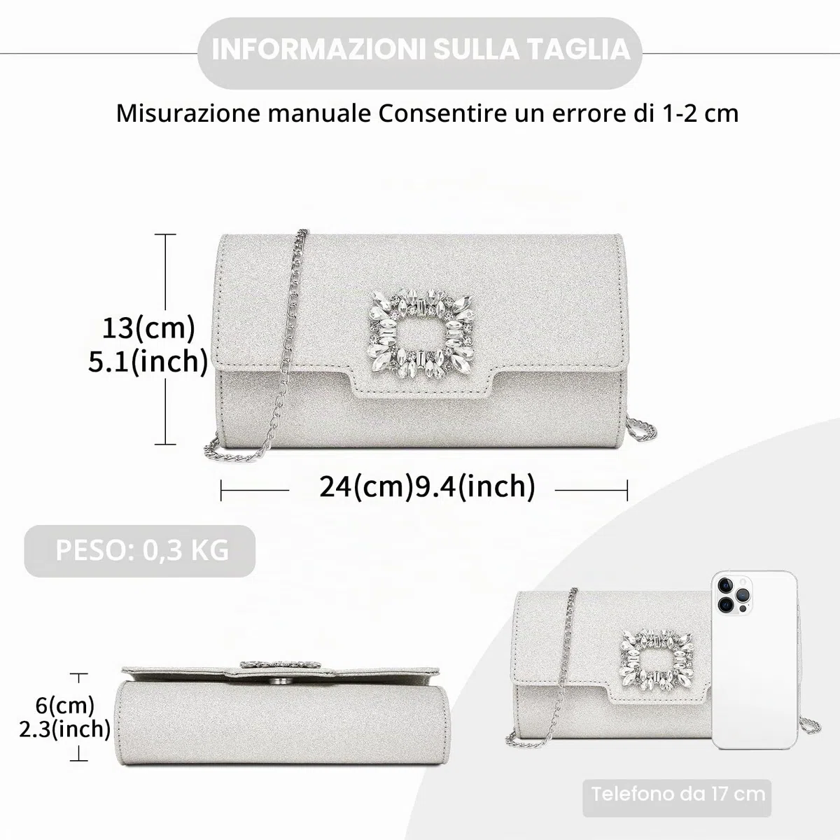 Miss Lulu Pochette Donna Elegante in Pelle Glitter, Borsette Clutch Donna Decorazioni con Strass, Borsa Tracolla Spalla Mano con Catena Removibile per Appuntamenti, Feste e Matrimoni