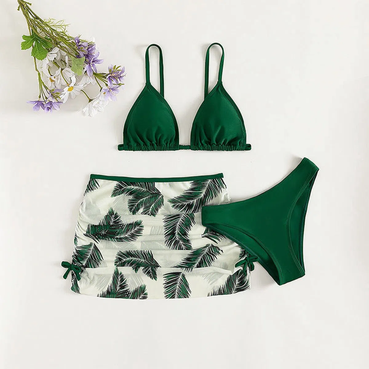 Costume da bagno a triangolo per ragazze, 3 pezzi, colore tinta unita, con gonna tropicale in rete, con spalline sottili
