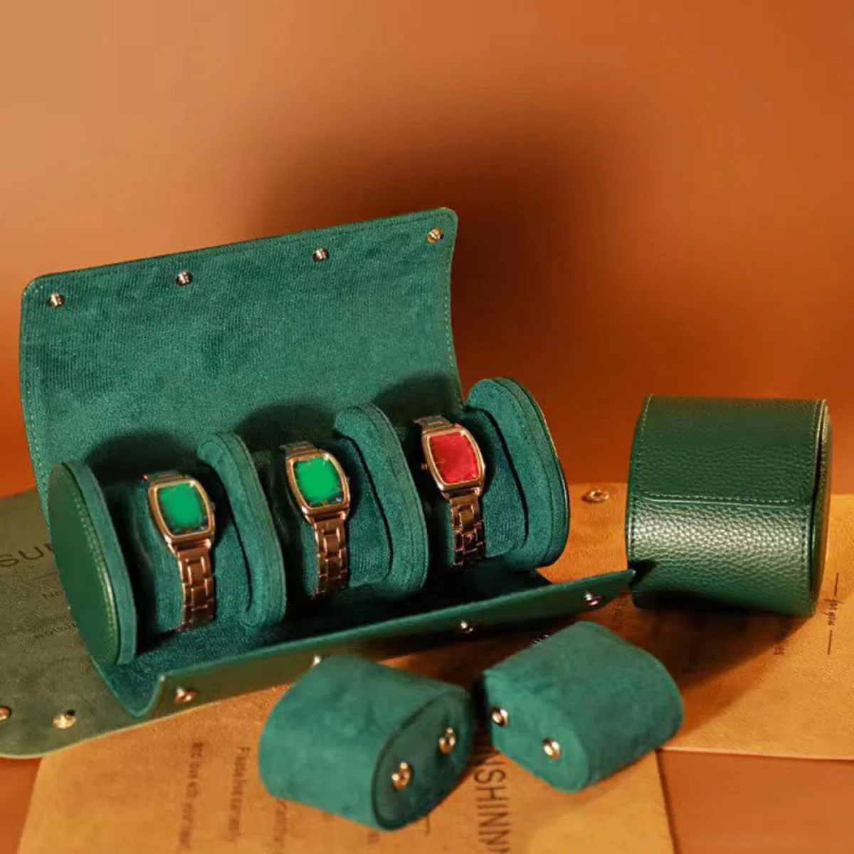 Porta da Orologi Pelle e Verde in Pu Viaggio Custodia Roll Piccoli, Design Antiurto e Pratico Classico per per Uomini