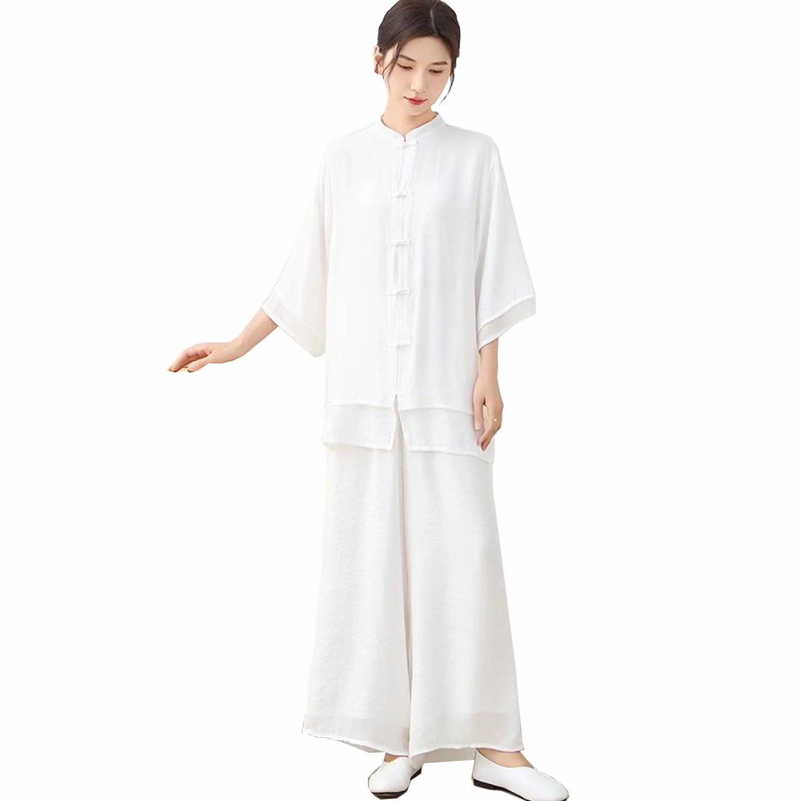 Abbigliamento Tai Chi Donna Seta e Lino Kung Fu Uniforme Stile Cinese Meditazione Zen Casual Maniche a Tre Quarti Esercizi Mattutini Vestito per Le Donne,White-M