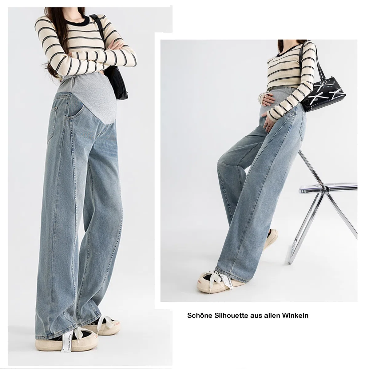 Jeans in gravidanza prima e dopo la nascita: stretta e larga, vestibilità larga, morbido denim con fascia regolabile – per donne sotto i 170 cm, con pratiche tasche
