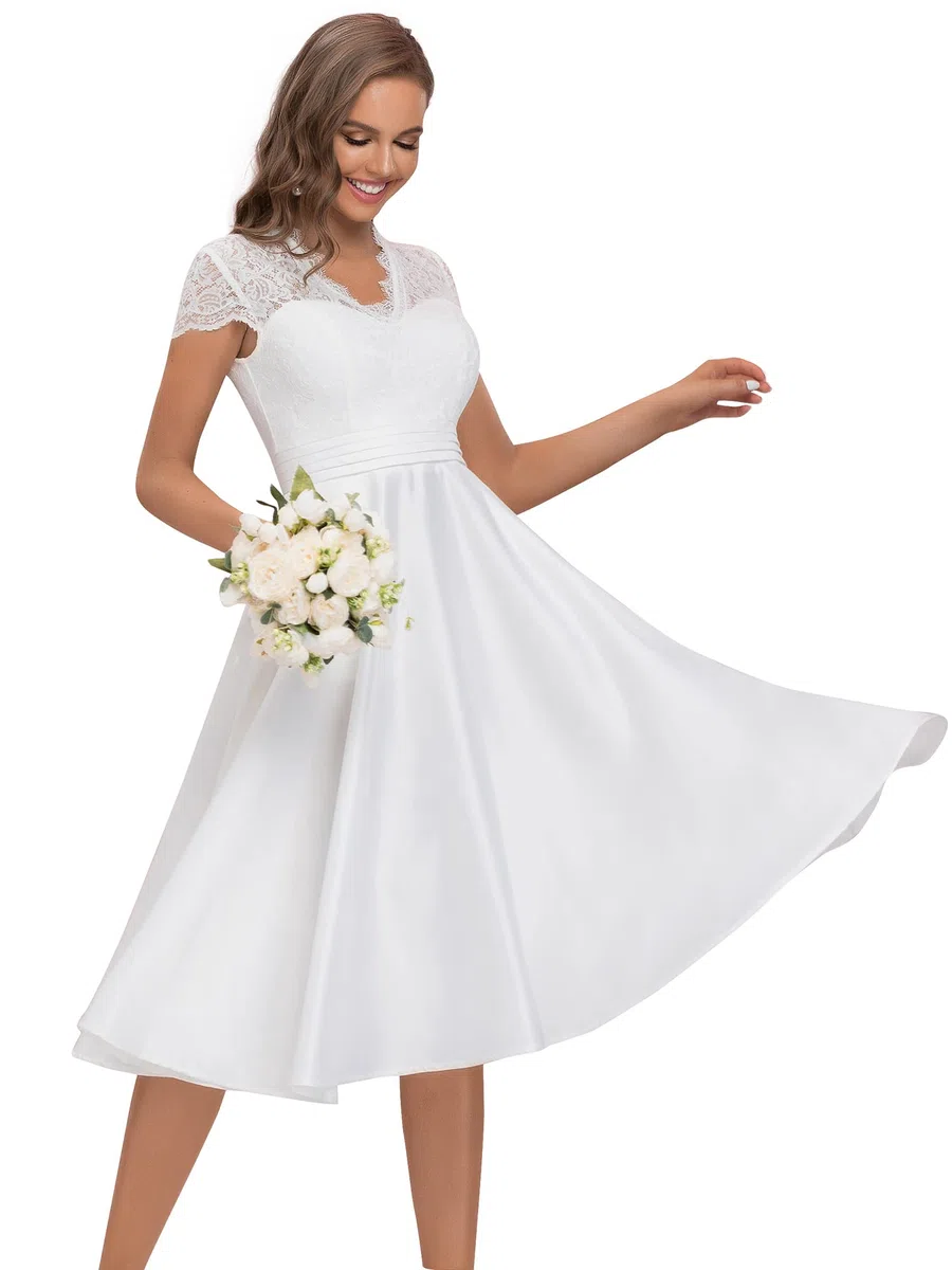 Ever-Pretty Abiti da Damigella Pizzo Maniche Corte Scollo a V Stile Impero Linea ad A Elegante Midi da Donna 40400