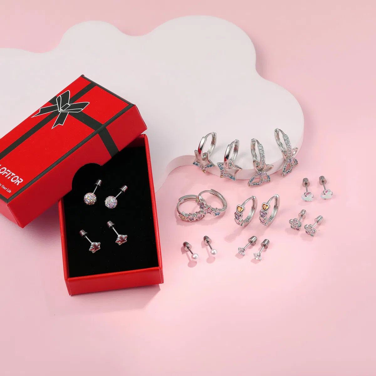 LOFITOR 10 Paia Orecchini a Vite Ipoallergenici, Acciaio Chirurgico, Piccoli Huggie, Pendenti CZ Stella Farfalla, Set Stud a Vite per Orecchie Sensibili Donne Ragazze