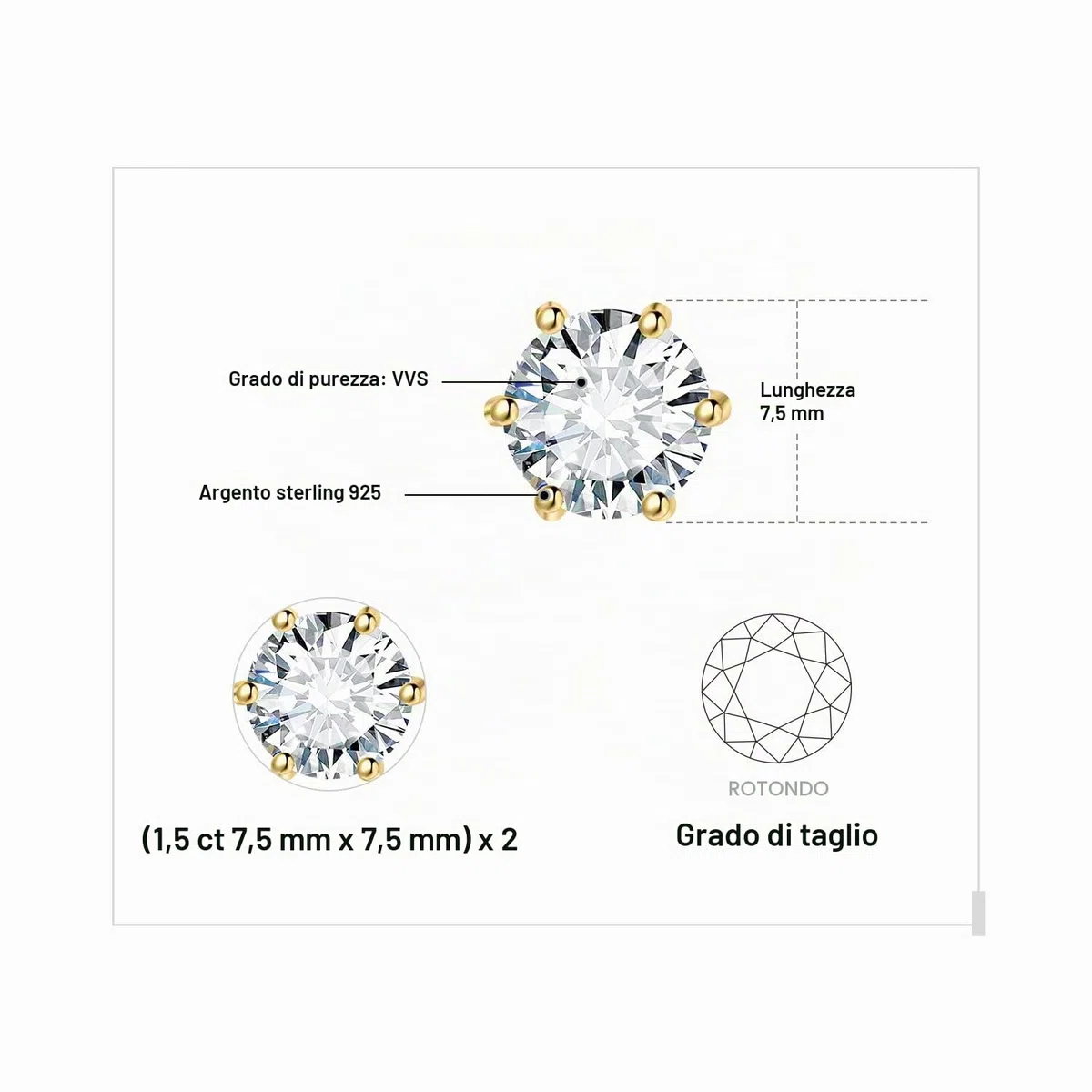 JewelryPalace Orecchini a Bottone Donna Argento 925 con Creato Moissanite, Piercing a Lobo con Pietra a Taglio Rotondo, Solitario in Tre Ori Set Gioielli