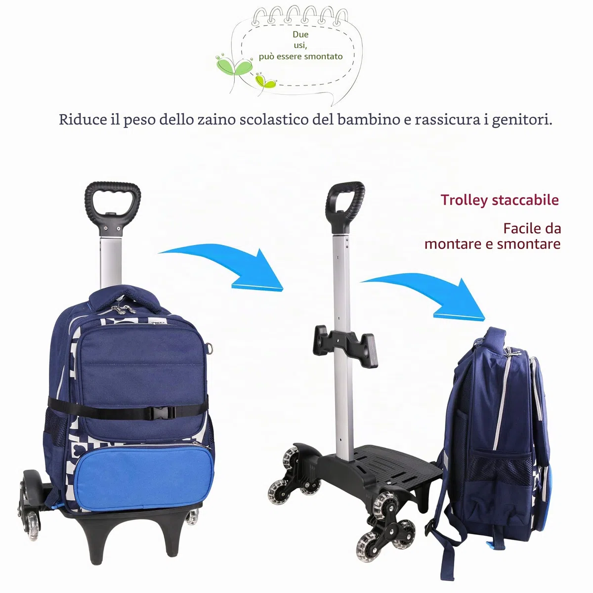 Carrello per Zaino, Carrello con Ruote Carrello a Mano Pieghevole Alluminio 6 Ruote Carrelli Portabagagli Zaini Trolley per Bambini Adolescenti Adulti Scuola Viaggi