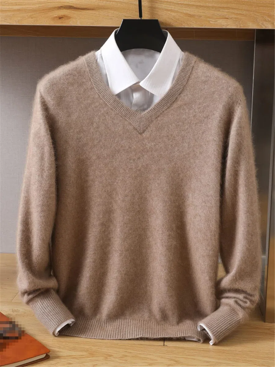 Vogrtcc Maglione in cashmere da uomo con scollo a V Pullover in maglia di grandi dimensioni maglione invernale top maglioni a maniche lunghe