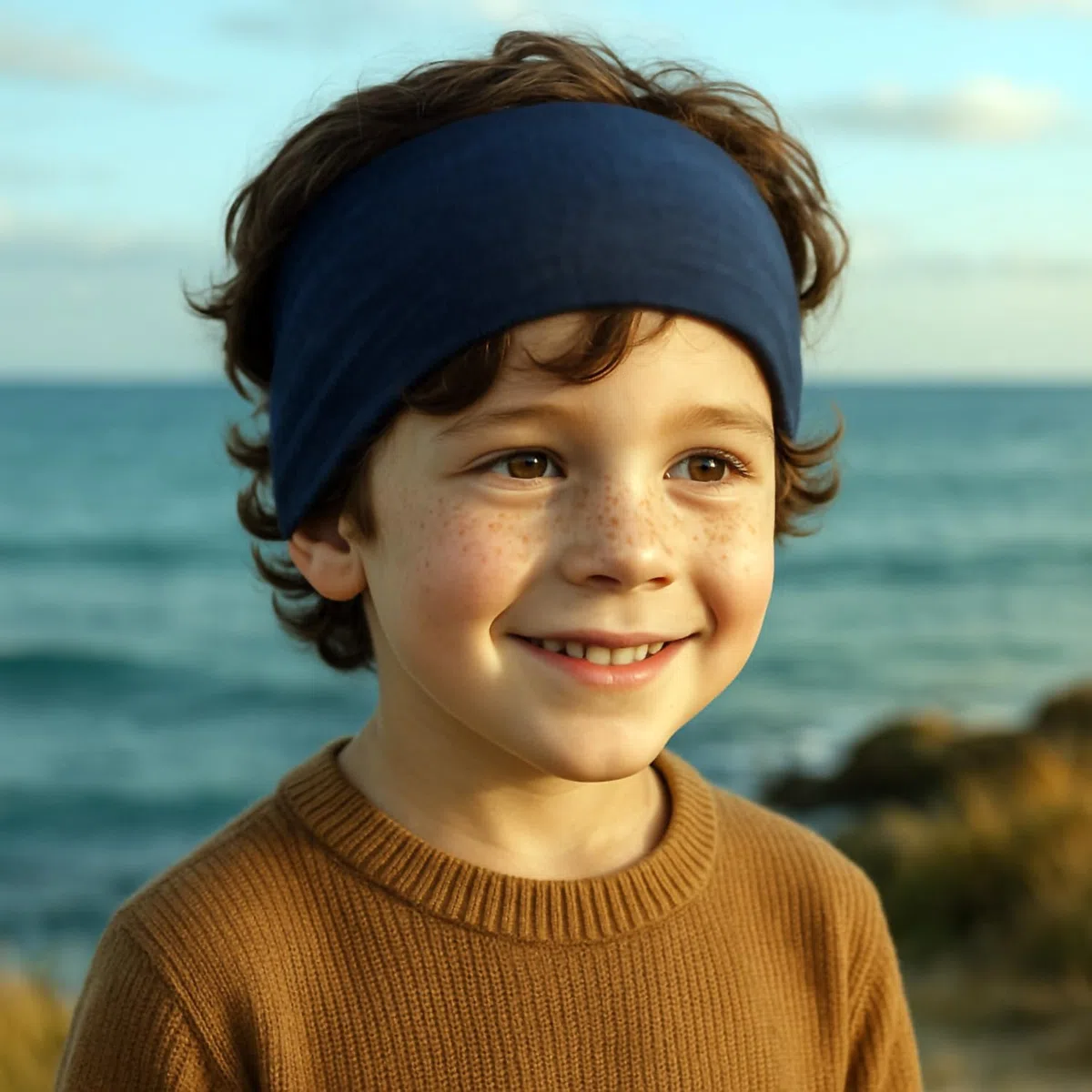 Wollhuhn ÖKO - Fascia elastica per capelli per bambini/ragazzi/ragazze, comoda e a doppio strato, in jersey, molti motivi (tinta unita blu scuro)