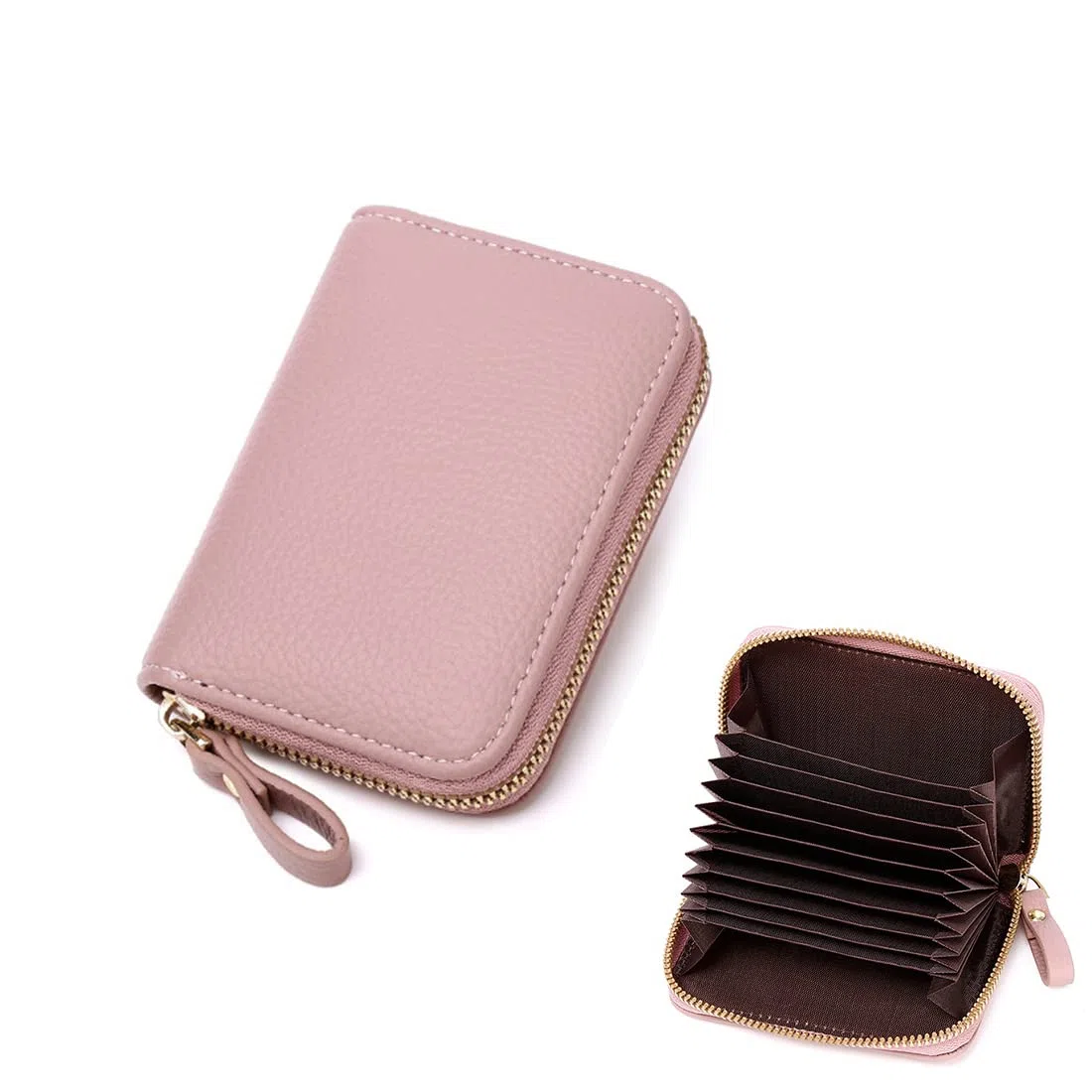 Porta carte di credito in pelle con blocco RFID, per carte di credito e banconote, con chiusura a zip in acciaio inox - Rosa