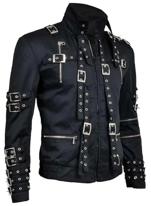 Giacca da uomo in cotone nero stile punk rock MJ - Dettagli con fibbia slim fit e costume da spettacolo sul palco
