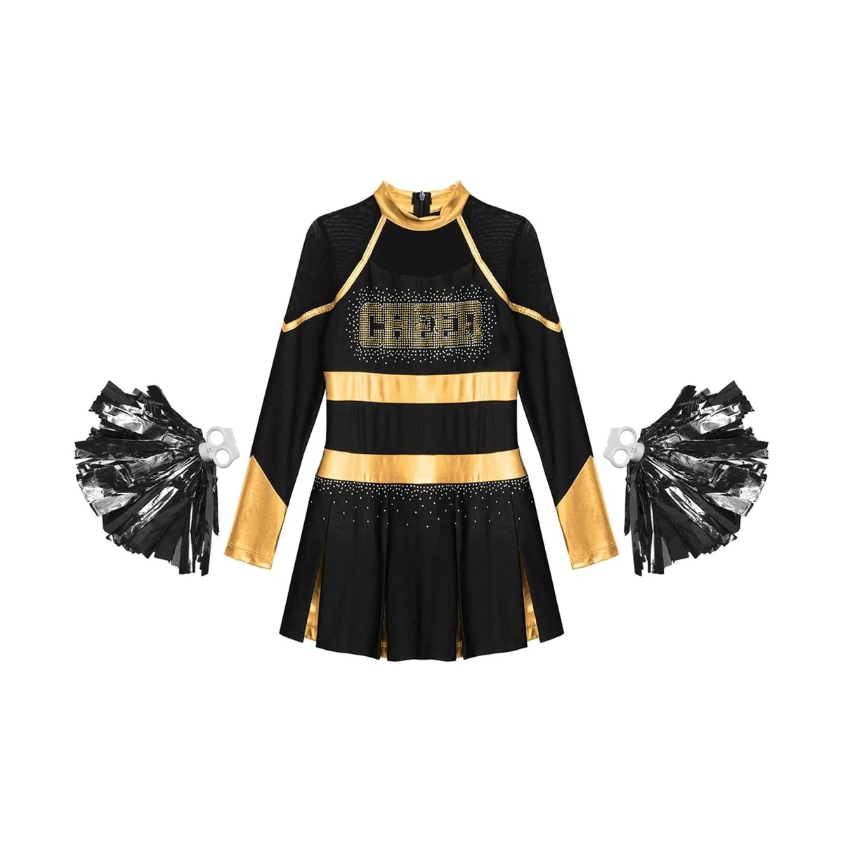 Costume Cheerleader Donna Costume da Ballo Uniforme da Cheerleader Abito Pieghettato a Maniche Lunghe Metallizzato con Strass con 2 Fiori a Mano(Blue A,16)