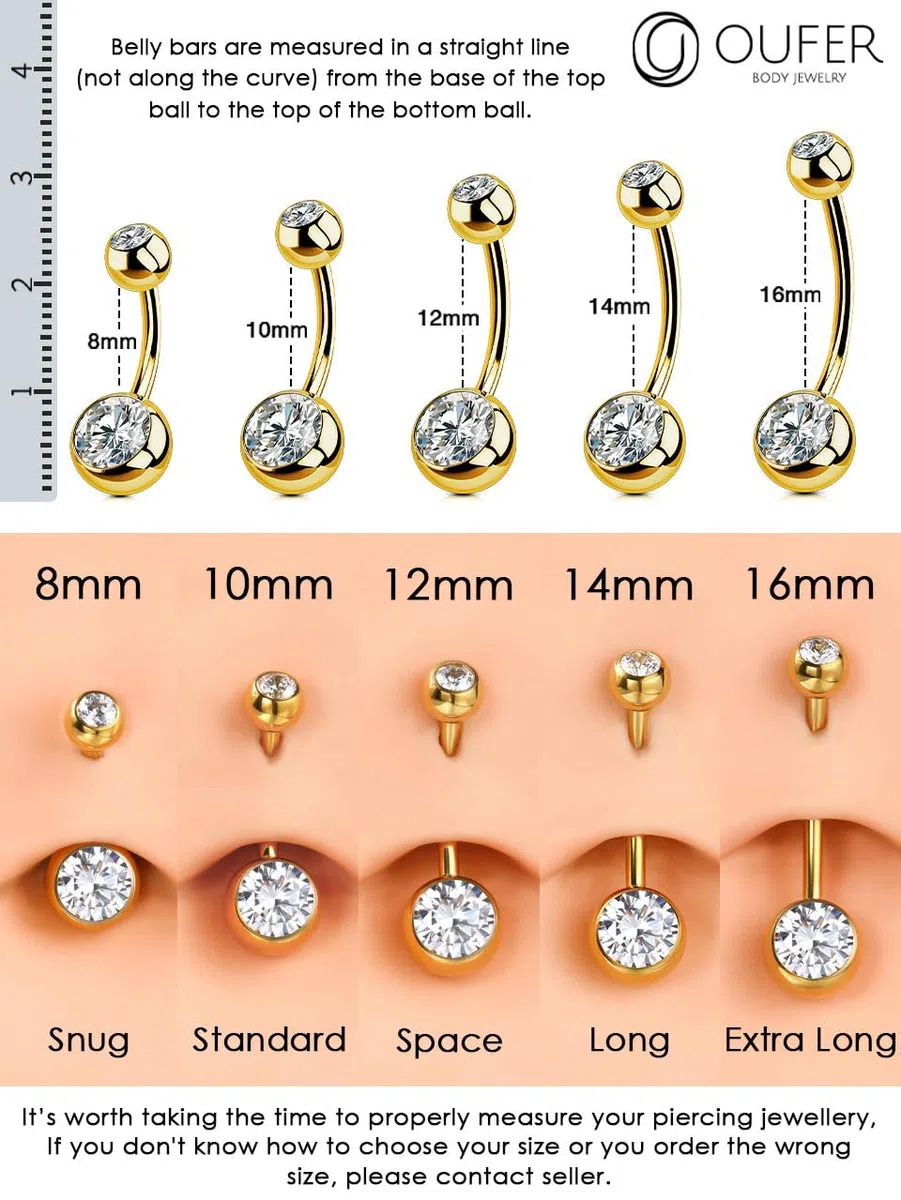 OUFER Piercing per Ombelico, in Titanio, per Ombelico, a Sfera, in Oro, con Doppia Gemma, per Donna, Uomo, 8, 10, 12, 14, 16 mm
