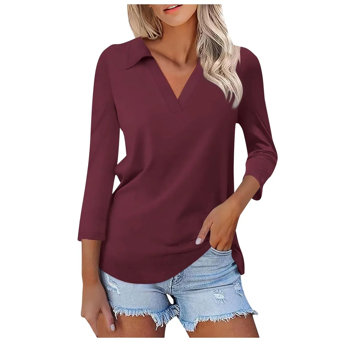 Maglietta a maniche a 3/4, da donna, a tinta unita, con colletto polo, a tre quarti, casual, leggera, traspirante, comoda, femminile, elegante