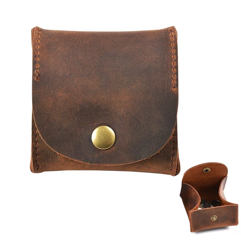 Portamonete in pelle rustica con tasca a forma di luna per monete, portamonete in vera pelle per uomo e donna, marrone