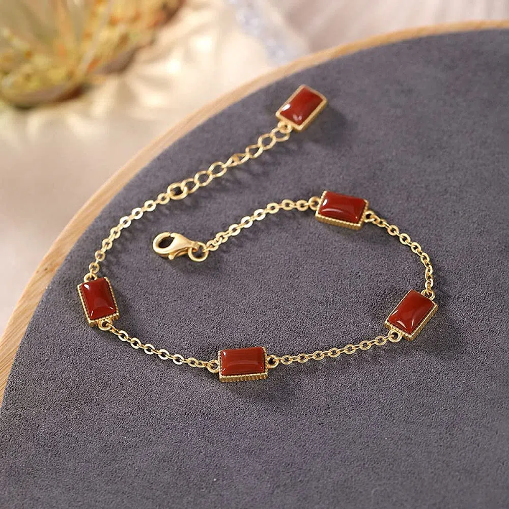 Girls Accessories Bracciale in Argento Sterling 925 Vintage per Donna Semplice Placcato in Oro Agata Rossa Geometria Gioielli Classici Fascino Spiaggia Estiva Birthday Gift