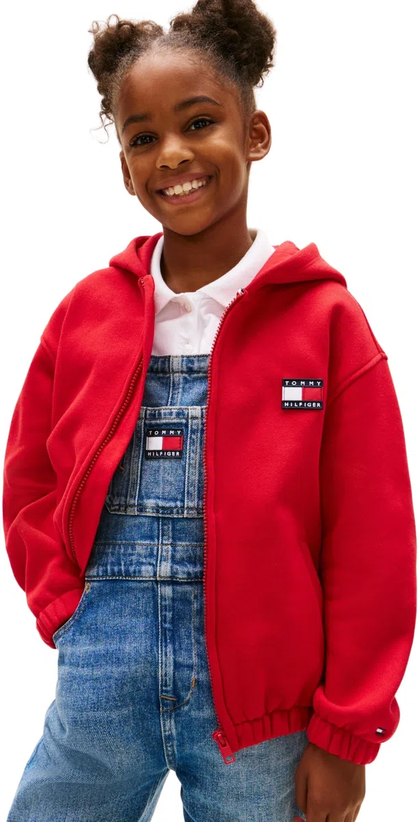 Tommy Hilfiger Bambini Unisex Felpa con Cappuccio e Zip Heritage Flag Terry e Logo sul Dorso, Rosso (Primary Red), 86