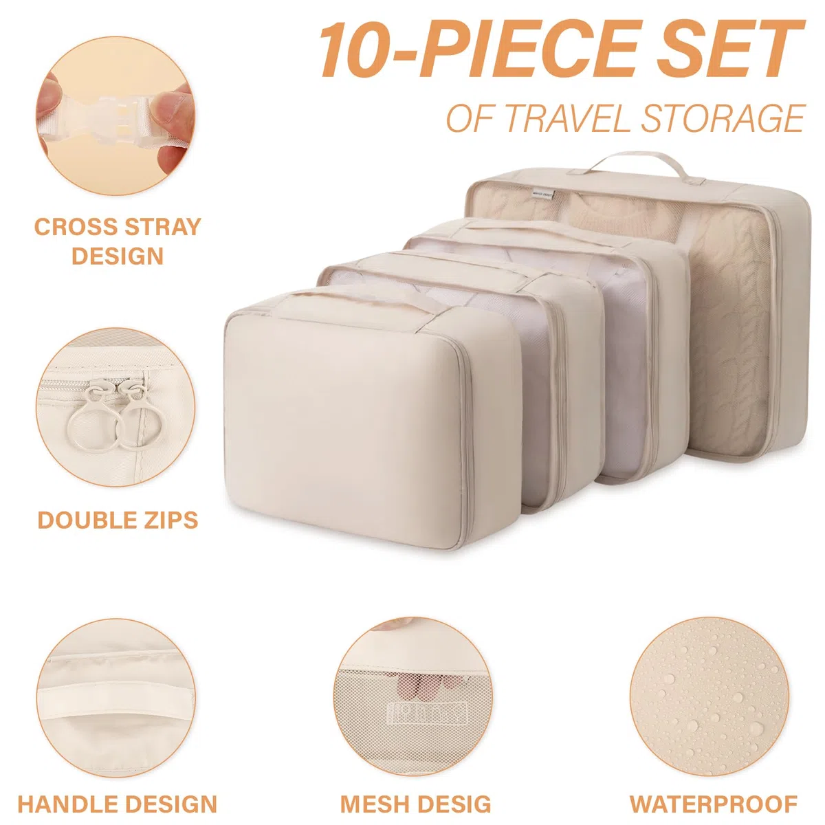 10 Pezzi Organizer Valigia Salvaspazio (Beige) – Set Packing Cubes, Organizer Valigie per Viaggi, Accessori Utili per Vacanze e Classificazione Abbigliamento Intimo e Calzature