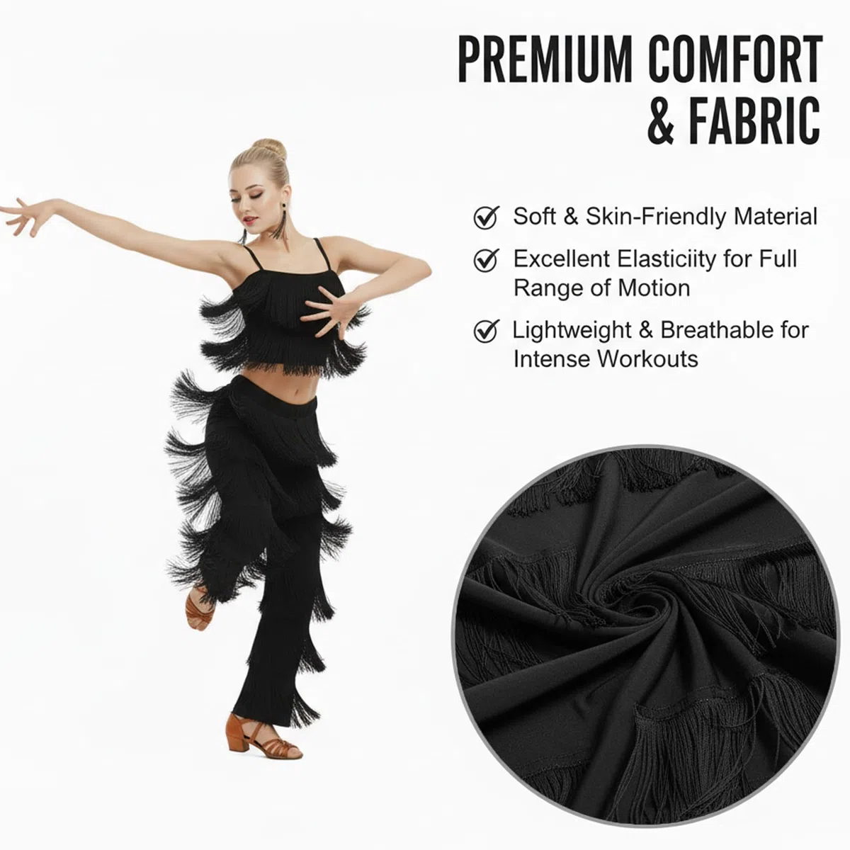 Set da Ballo con Frange da Donna Top e Pantaloni Lunghi 2 Pezzi Abbigliamento Ballo per Latino Salsa Bachata