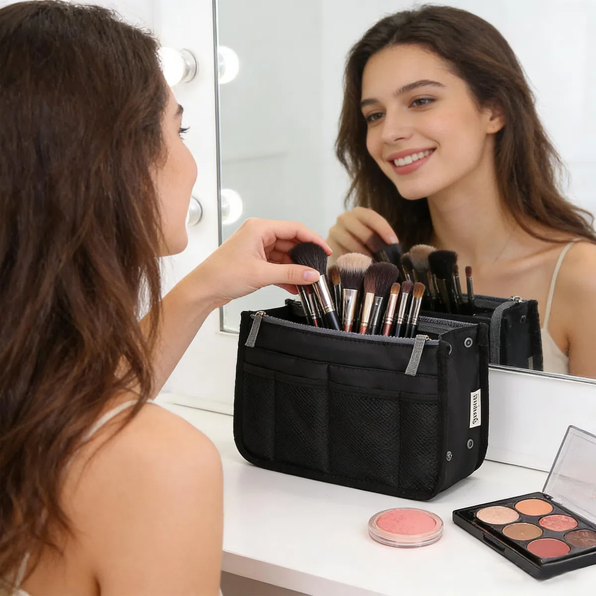 YUEMING Organizer Borsa, Donna Organizzatore Viaggio Borse, Borsa con 13 Tasche Espandibile con Chiusura a Cerniera per Doppio Manico Porta Accessori Cosmetici, Telefono, Trucco