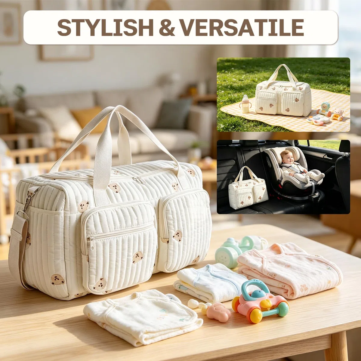 ZVD Borsa Parto Ospedale Grande Mamma, Borsa Passeggino, Neonato Cambio, Mommy Bag Multiuso, Spalla in Cotone Con Ricamo, Parto in Ospedale, Passeggino, Viaggio e Cambio Pannolini