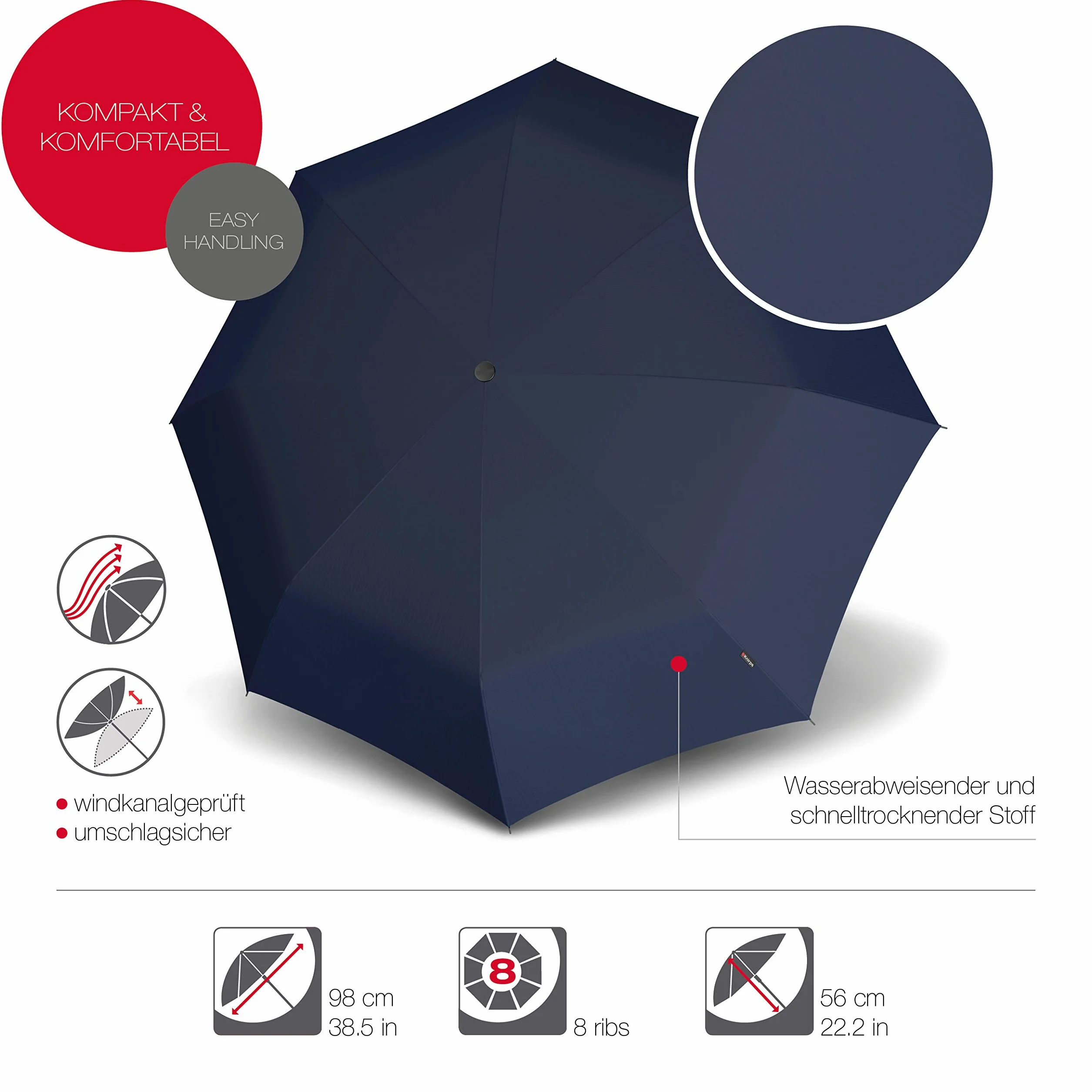 Knirps - Ombrello tascabile T.200 Duomatic Solids - A scomparsa automatica - Pieghevole - Resistente alle intemperie - Antivento - Navy