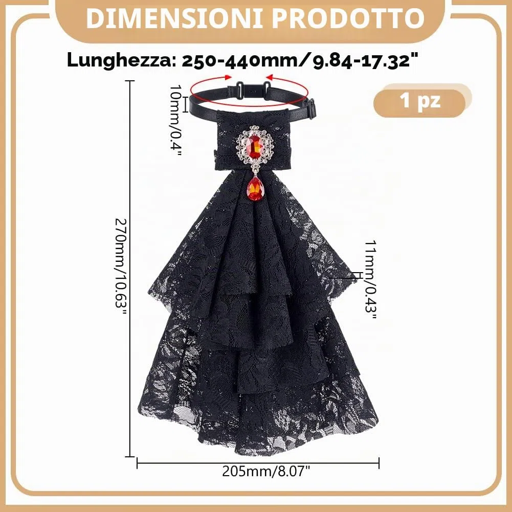 1 collare in pizzo jabot nero, colletto in pizzo vittoriano, colletto rimovibile con cristallo per costume rinascimentale, colletto falso per Halloween, feste sul palcoscenico e cosplay