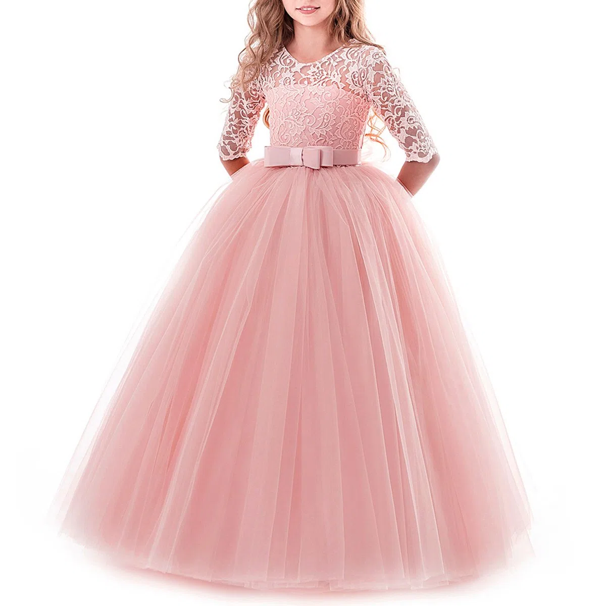 Abito da sposa con maniche a 3/4 in pizzo per damigelle d'onore prima comunione festa serale abito lunghezza pavimento vestito per bambini principessa concorso compleanno ballo ballo di carnevale