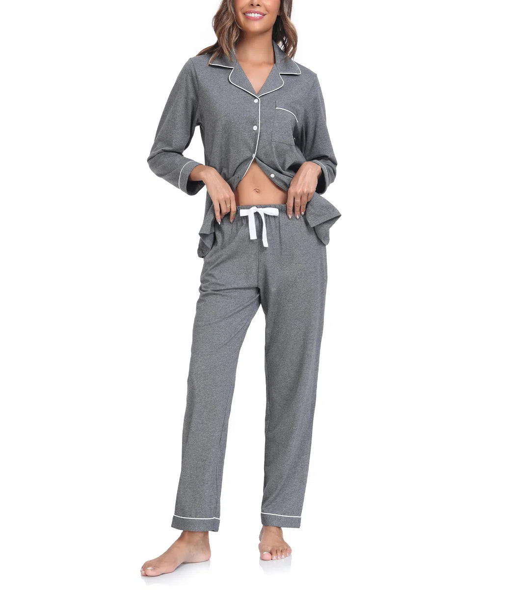COLORFULLEAF Pigiama da donna, 100% cotone, con bottoni, a maniche lunghe, set da 2 pezzi, biancheria da notte