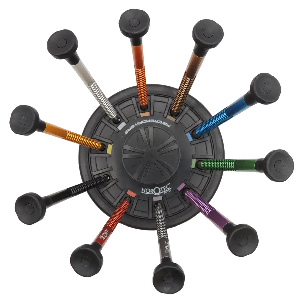 KD89 Horotec MSA01.020-C - Kit di 10 cacciaviti per orologi Swiss-Made in alluminio anodizzato con testa in Pom, su base girevole con base antiscivolo.
