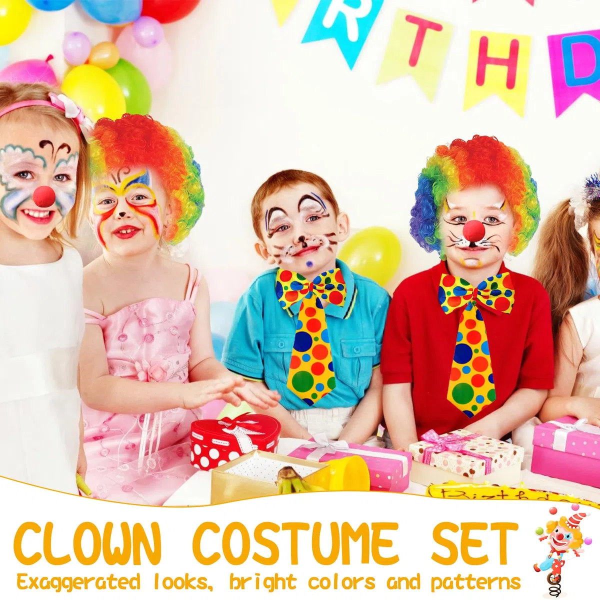 Lithyc Set Costume da Clown 5 Pezzi con Parrucca Colorata, Naso, Papillon, Cravatta E Guanti per Adulti, Carnevale Donna Pagliaccio