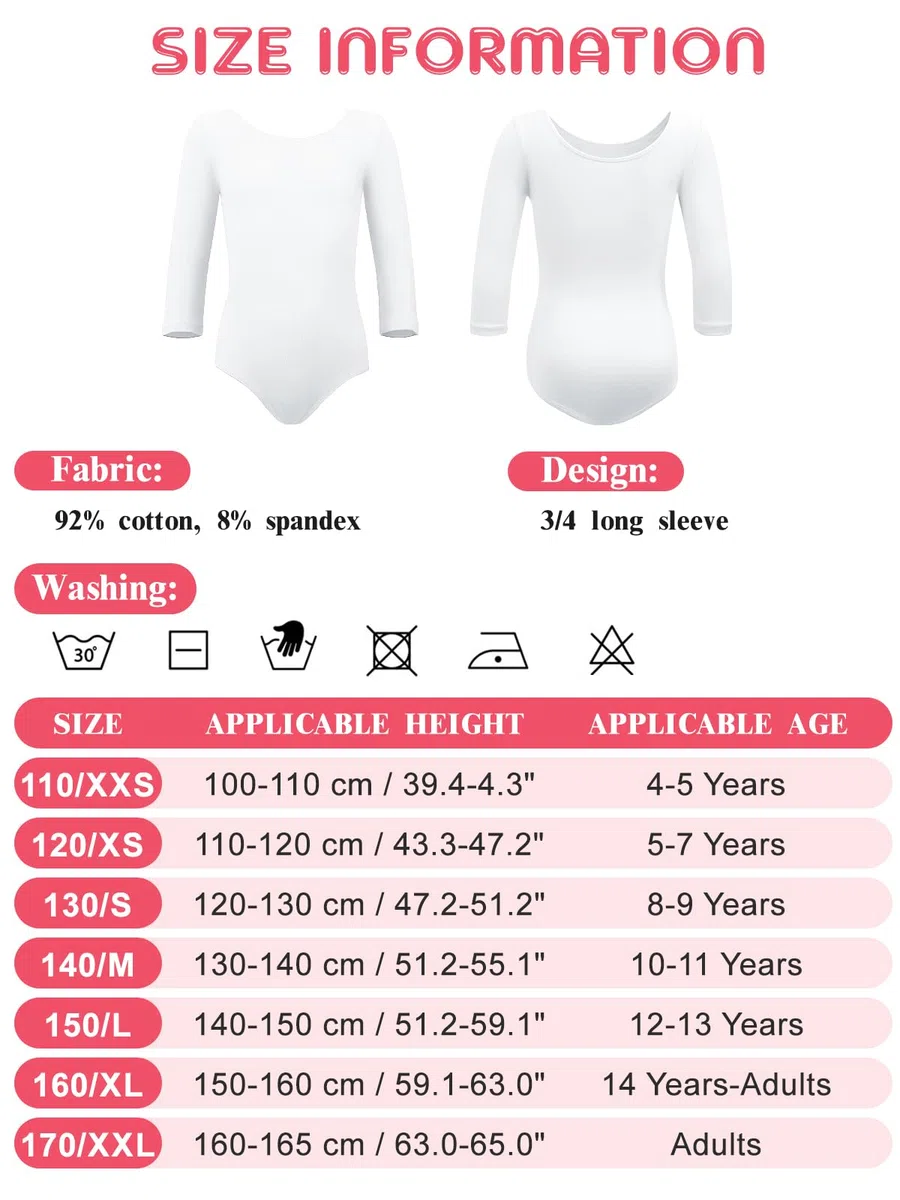 Soudittur Body Danza Classica per Bambine e Donne Cotone Body Ginnastica Artistica Costumi per Balletto Body 3/4 Maniche Lunghe