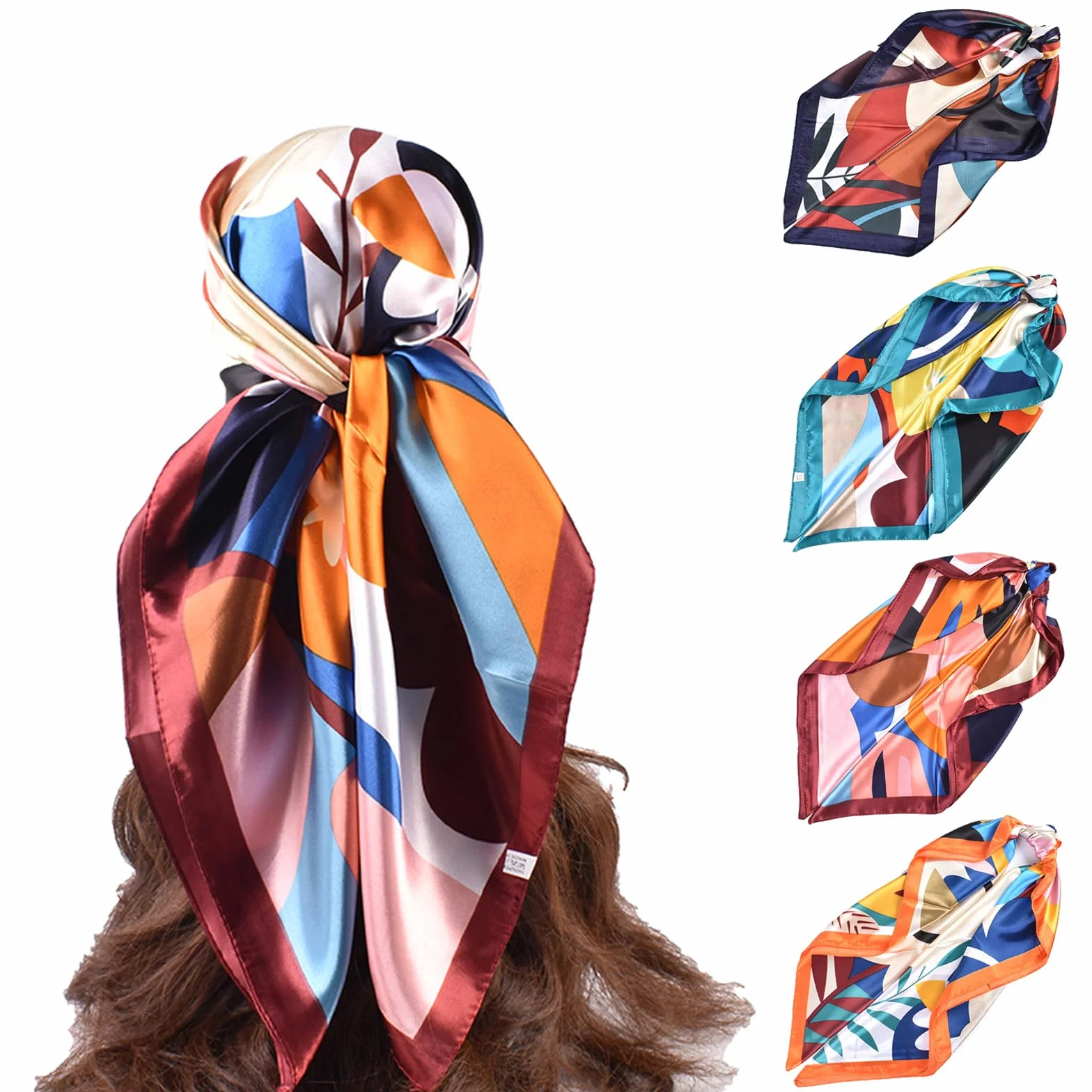 Set di 4 sciarpe di seta da donna - Foulard 90x90 cm, fazzoletto da collo, bandana e sciarpa per capelli, sciarpe quadrate estive, eleganti accessori per capelli con foulard di raso