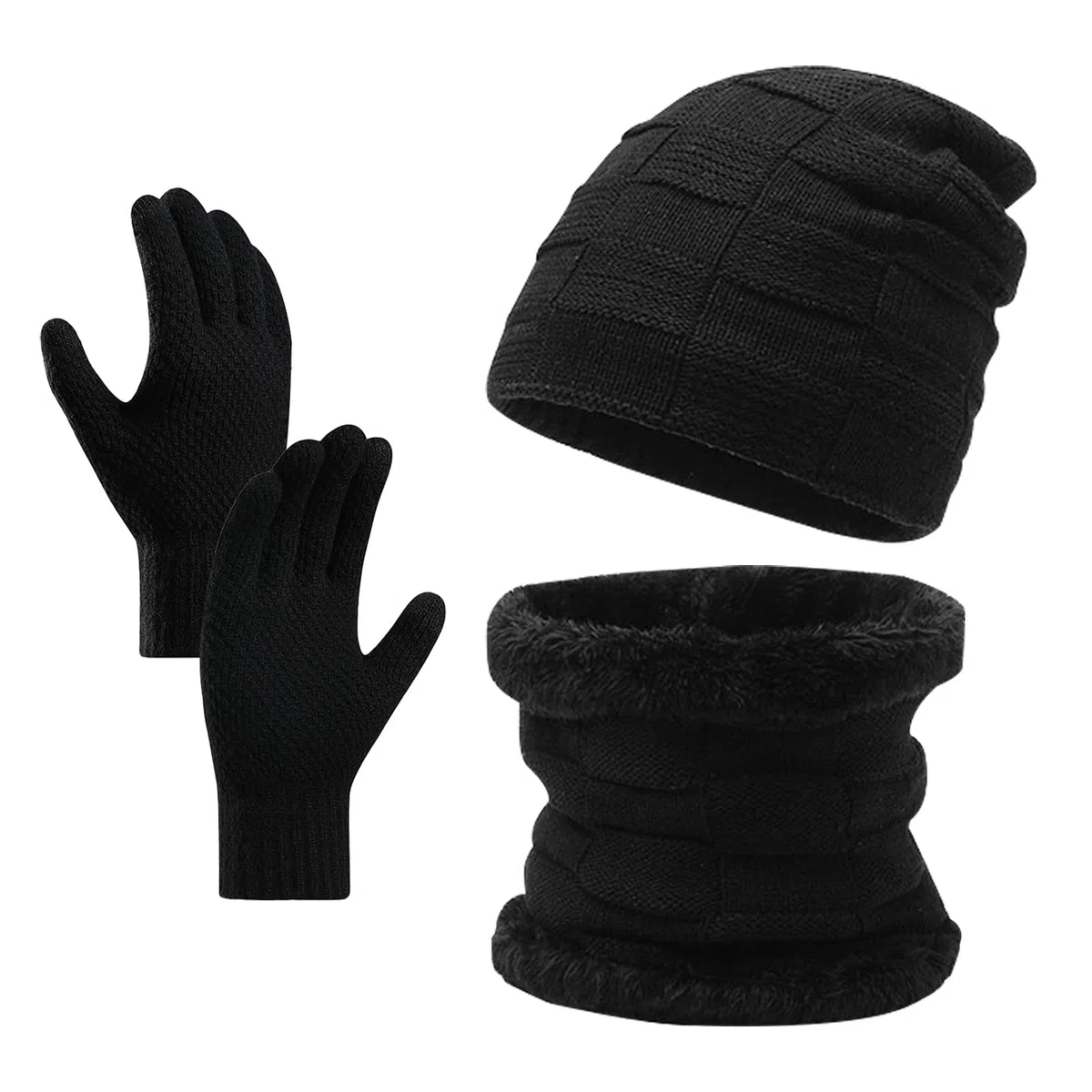 Nero Set Sciarpa e Cappello Uomo Donna, Elastico Set Guanti Cappello e Sciarpa, Inverno Berretto + Moda Scaldacollo + Guanti per Touchscreen, Classico Set di Guanti per Cappello