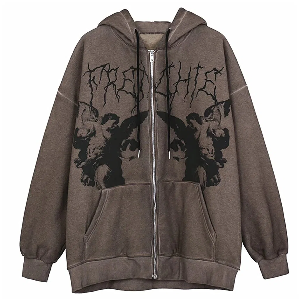 Felpa con cappuccio da donna, a maniche lunghe, con stampa gotica, punk, angelo, oversize, con cerniera, stile hip hop