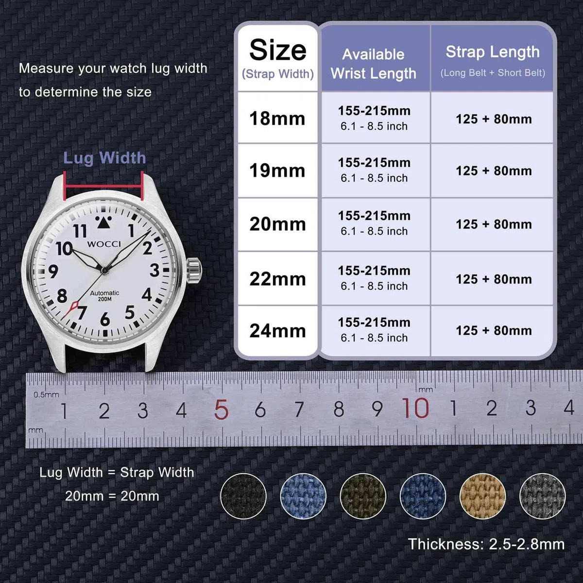 WOCCI Cinturino per Orologio, Tessuto in Tela per Vele, Sgancio Rapido, Compatibile Lug Larghezza 18mm 19mm 20mm 22mm 24mm