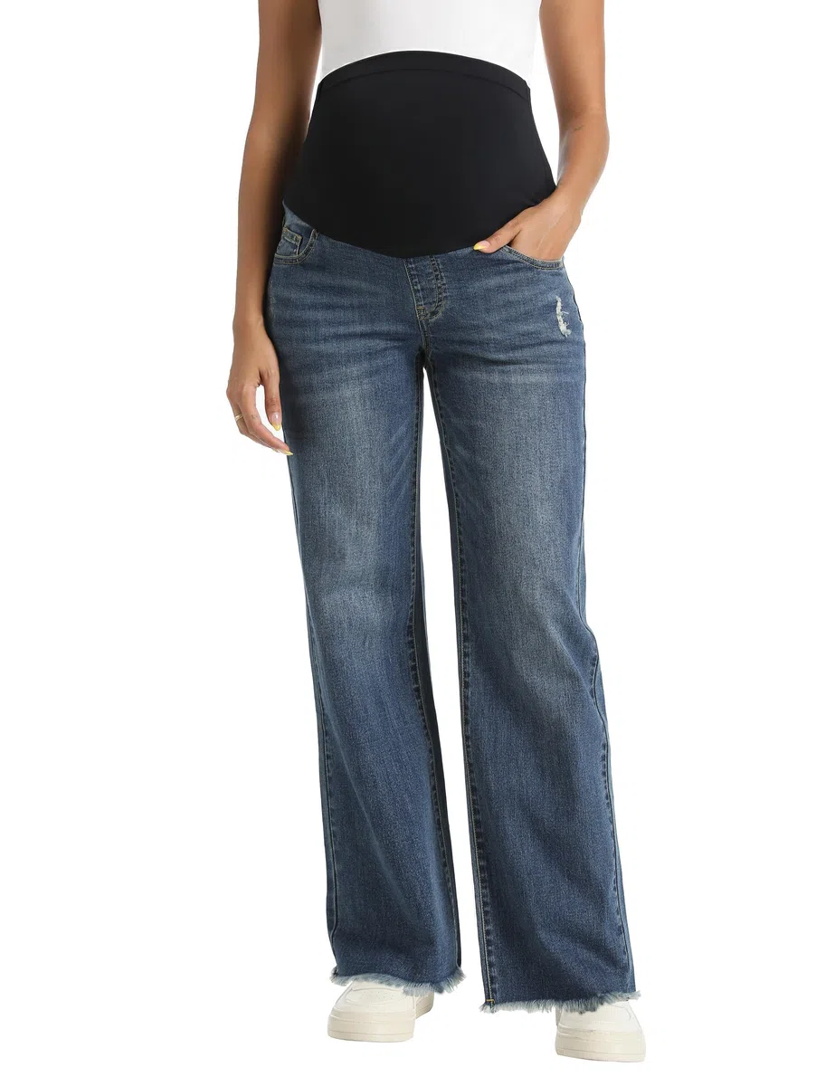 Jeans premaman da donna sopra la pancia, gamba dritta, orlo grezzo, jeans premaman con tasche