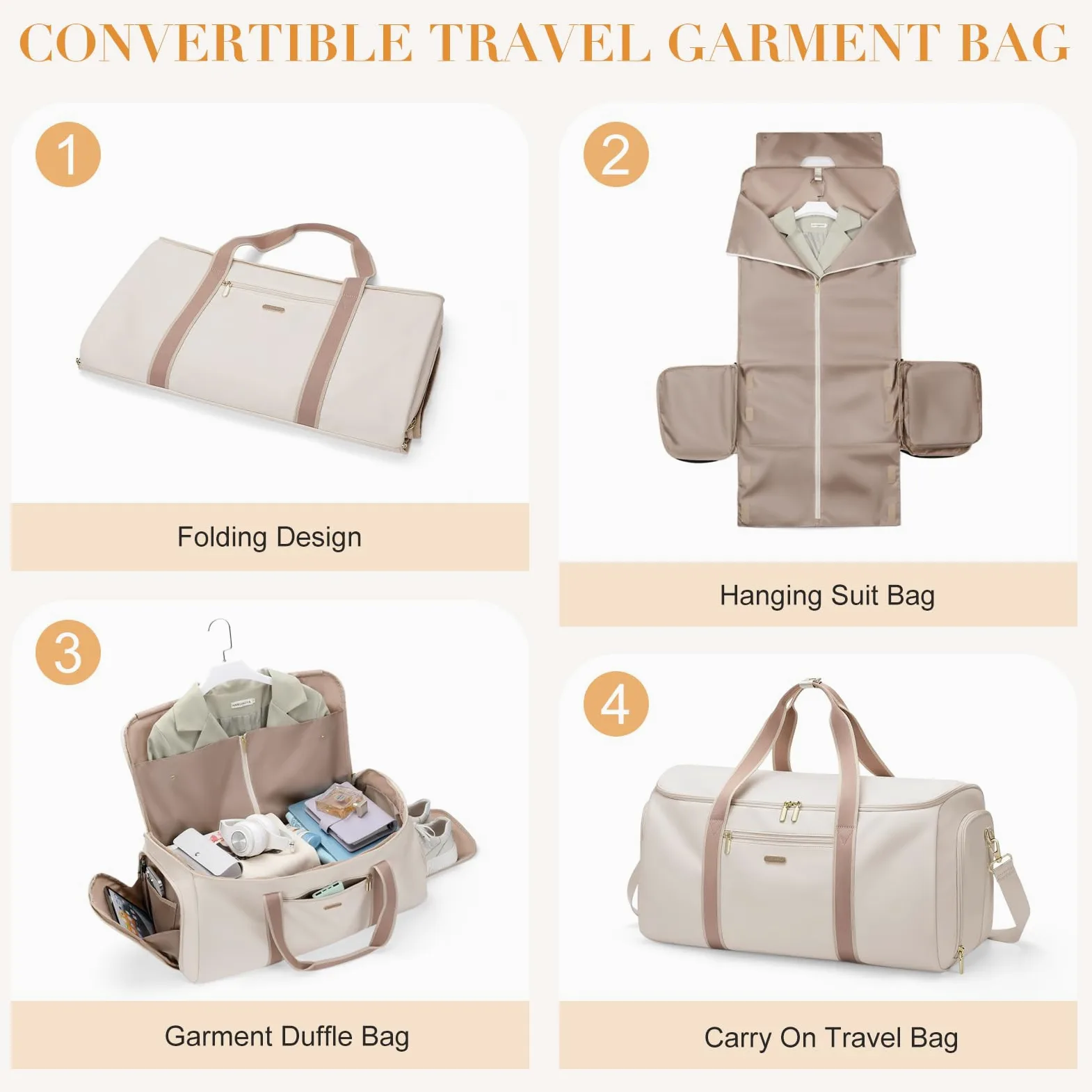 Borsa da Viaggio Convertibile 2 in 1 Borsa Sportiva da Donna con Scomparto Scarpe Borsas Porta Abiti da Viaggio Borsas per Bagagli a Mano (Beige)