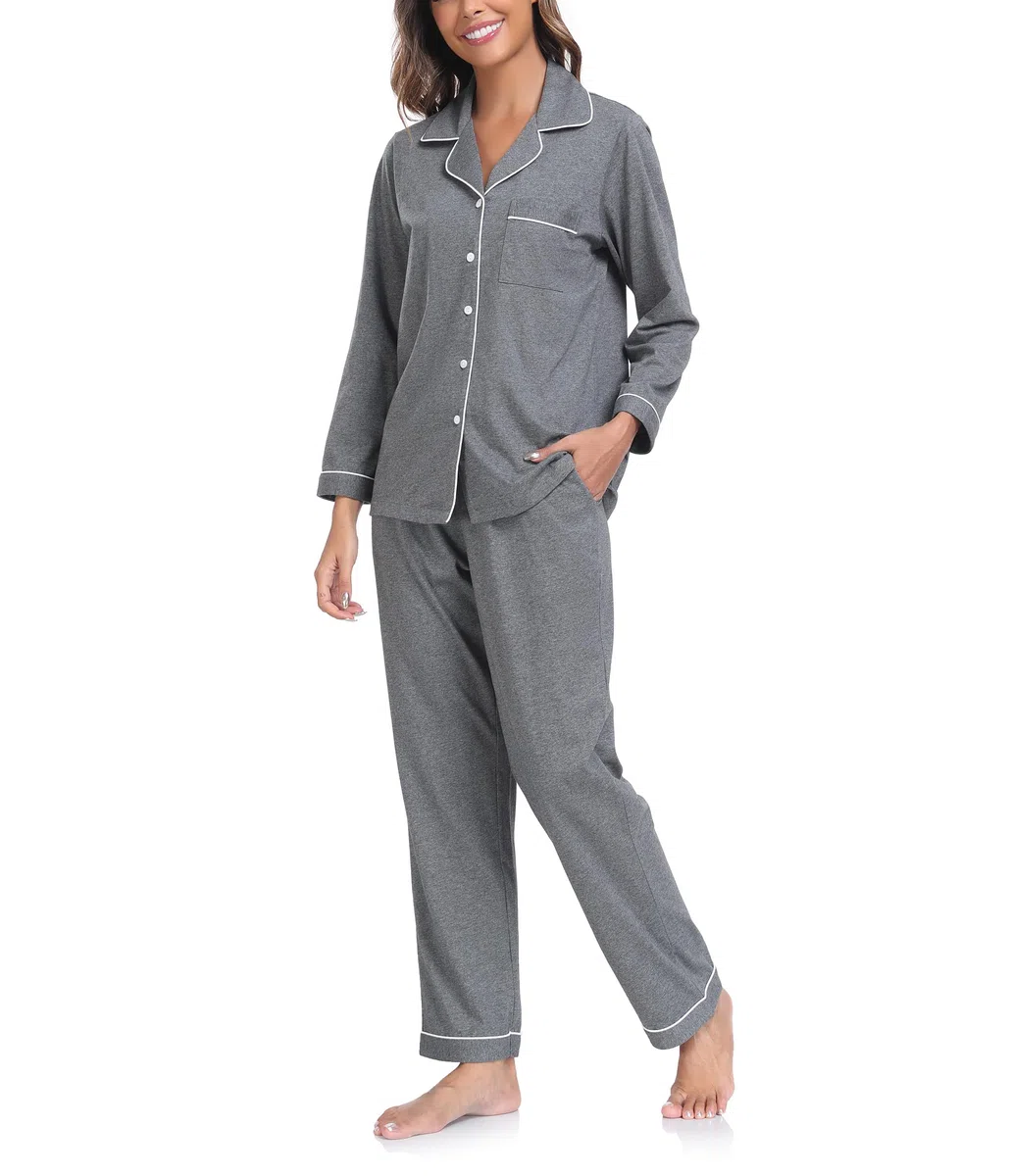 COLORFULLEAF Pigiama da donna, 100% cotone, con bottoni, a maniche lunghe, set da 2 pezzi, biancheria da notte