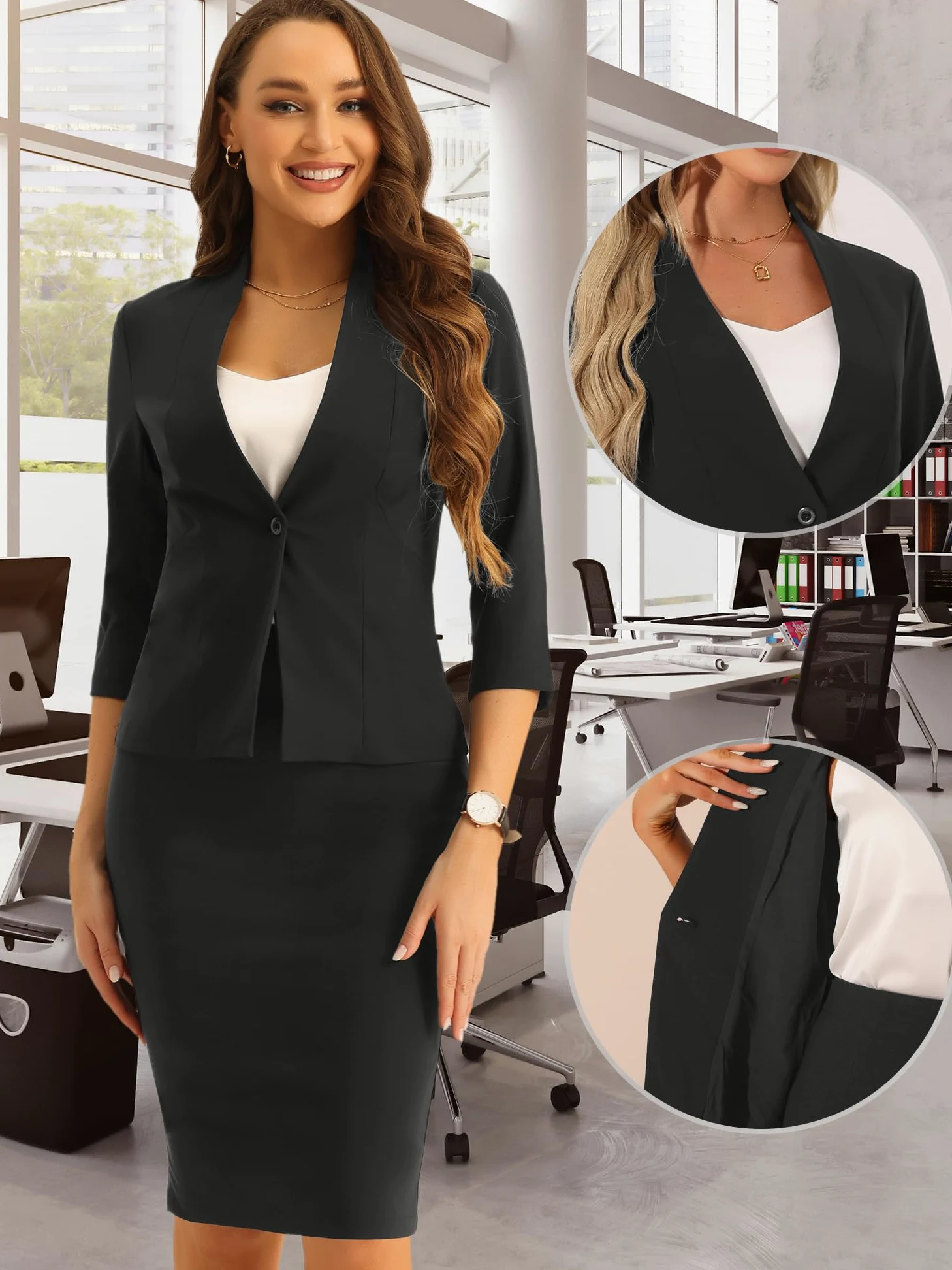 Allegra K Donna Set Gonna da Lavoro per Gonna A Tubino Blazer Senza Colletto in 2 Pezzi da Ufficio Nero M