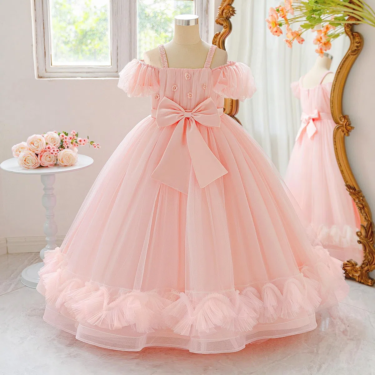 Generico Gonna Tulle Bambina Tutu Ballerina Bambina Gonna A Vita Alta A Maniche Corte da Concorso, Abito Formale per Feste, Compleanni E Gare di Bellezza