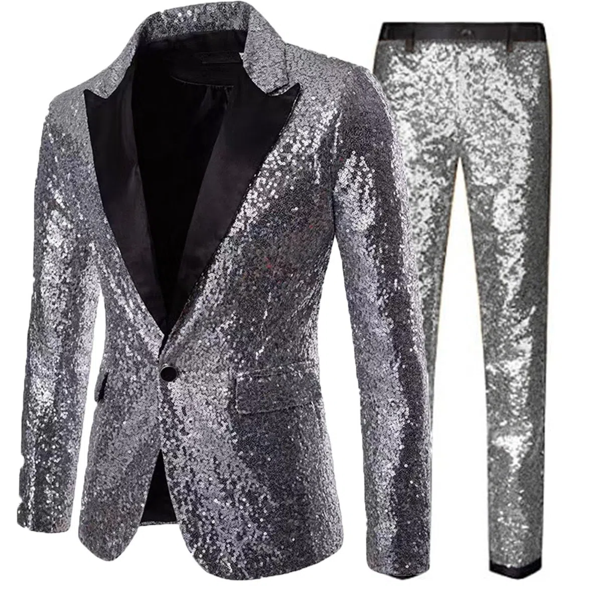 Set completo da uomo con paillettes giacca metallizzata 2 pezzi anni '80 outfit blazer e pantaloni lunghi lucidi smoking con paillettes Giacche Set con un bottone per lo sposo