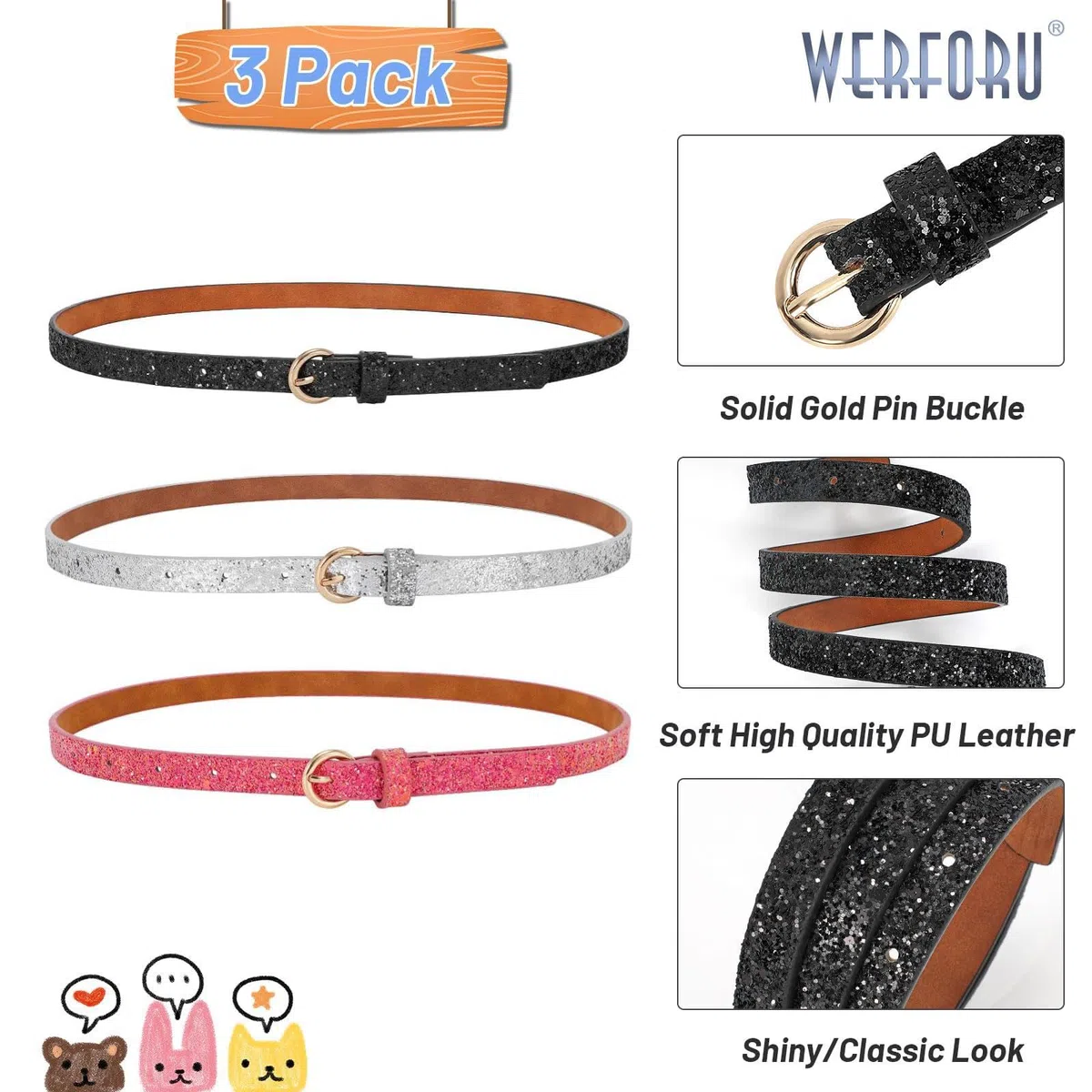 WERFORU Cintura skinny per bambini con glitter in pelle PU cintura per ragazze colorate con fibbia in oro per abiti jeans