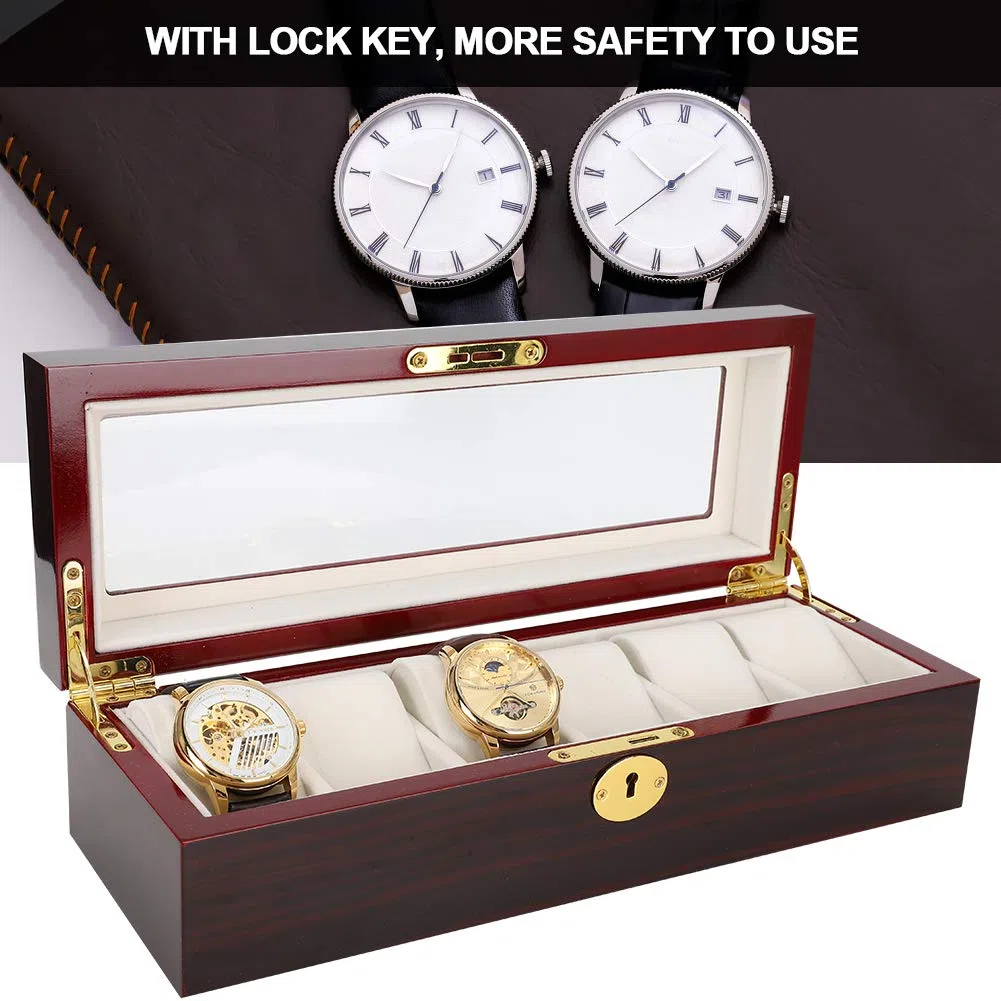 Scatola Porta Orologi con Chiave, Vetrina in Legno a 6 Griglie per Collezionisti, Organizzatore Sicuro per Orologi di Lusso, Protezione Durevole per Orologi, Ideale per