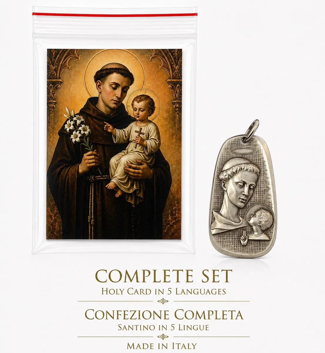 I G J MEDAGLIA DI SANT'ANTONIO DI PADOVA CON GESU' BAMBINO - REALIZZATA IN ALTO RILIEVO IN STILE ANTICO - 100% MADE IN ITALY