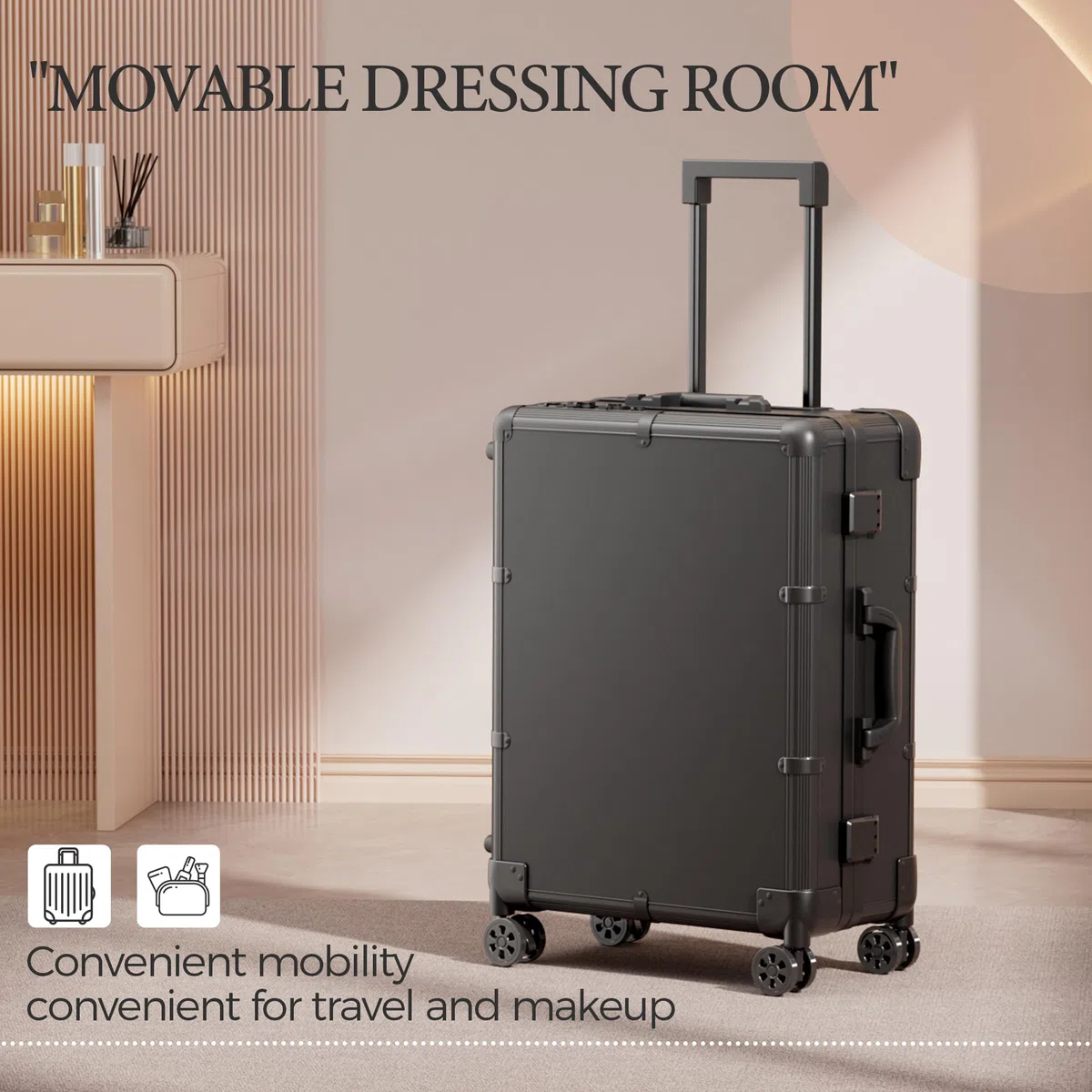 Valigetta Trucco con Rotelle in Alluminio, Grande Specchio con Illuminazione a LED, Organizzazione Cosmetici con Serratura a Combinazione, Stazione Trucco Pieghevole per Studio e Viaggio, Nera