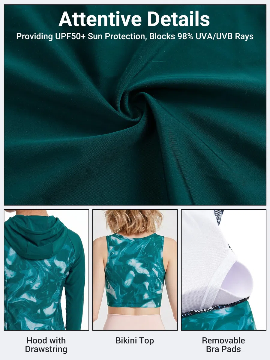 Owntop Costume da bagno da donna a maniche lunghe, protezione UV, con reggiseno integrato, set di 4 pezzi con protezione dai raggi UV per nuoto, surf e vacanze al mare