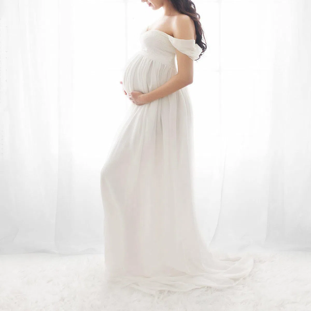 Vestito da gravidanza per servizio fotografico, abito premaman da donna, elegante, per feste, senza spalline, maxi abito split frontale, abbigliamento per maternità solido