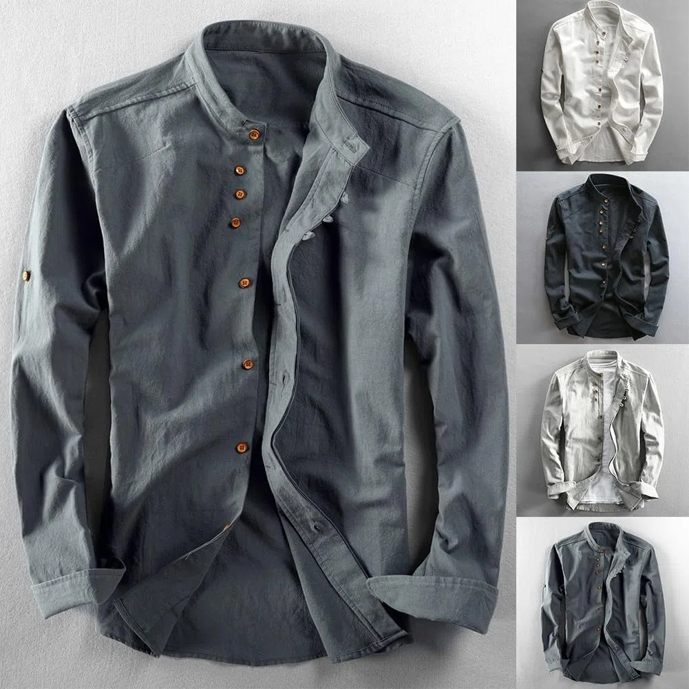Camicia da uomo a maniche lunghe in cotone e lino, look professionale, con colletto alla coreana su misura (M, blu navy)